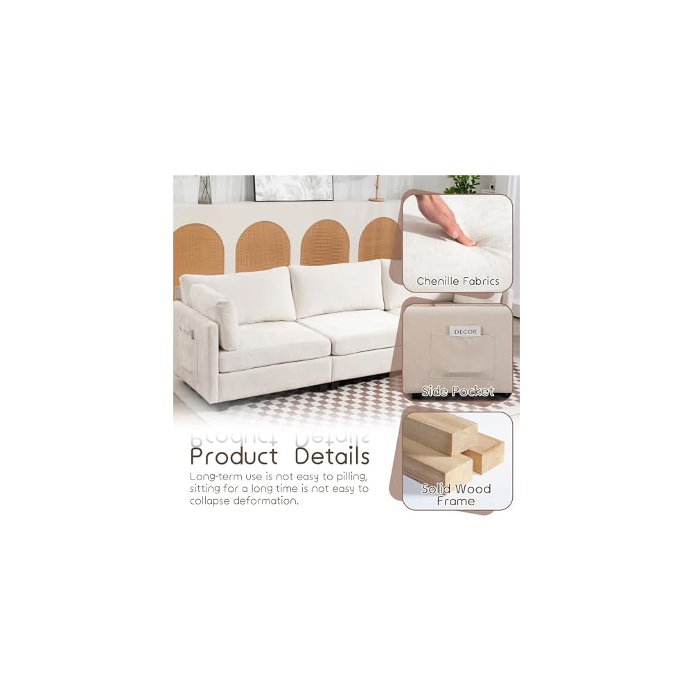 111" Sofas for Living Room, 3 Seater Couch with 2 Pillows, Modern Comfy Chenille Couches with Storage Bag, Deep Seat Sofa for Apartment Small Space, Beige