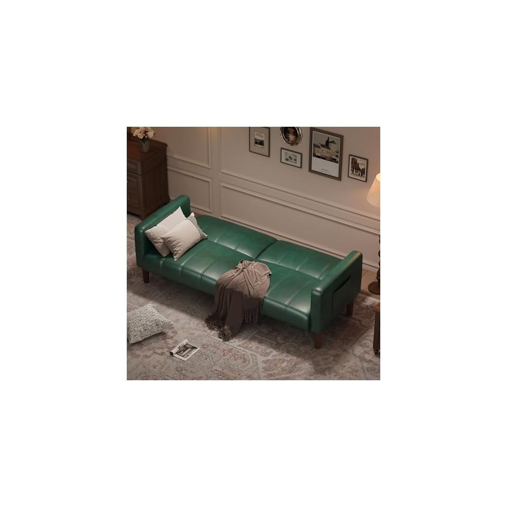 GarveeHome Futon Sofa Bed, 75-Inch Modern Faux Leather Convertible Couch, Mid-Century Loveseat for Small Space, Living Room, Bedroom, Green