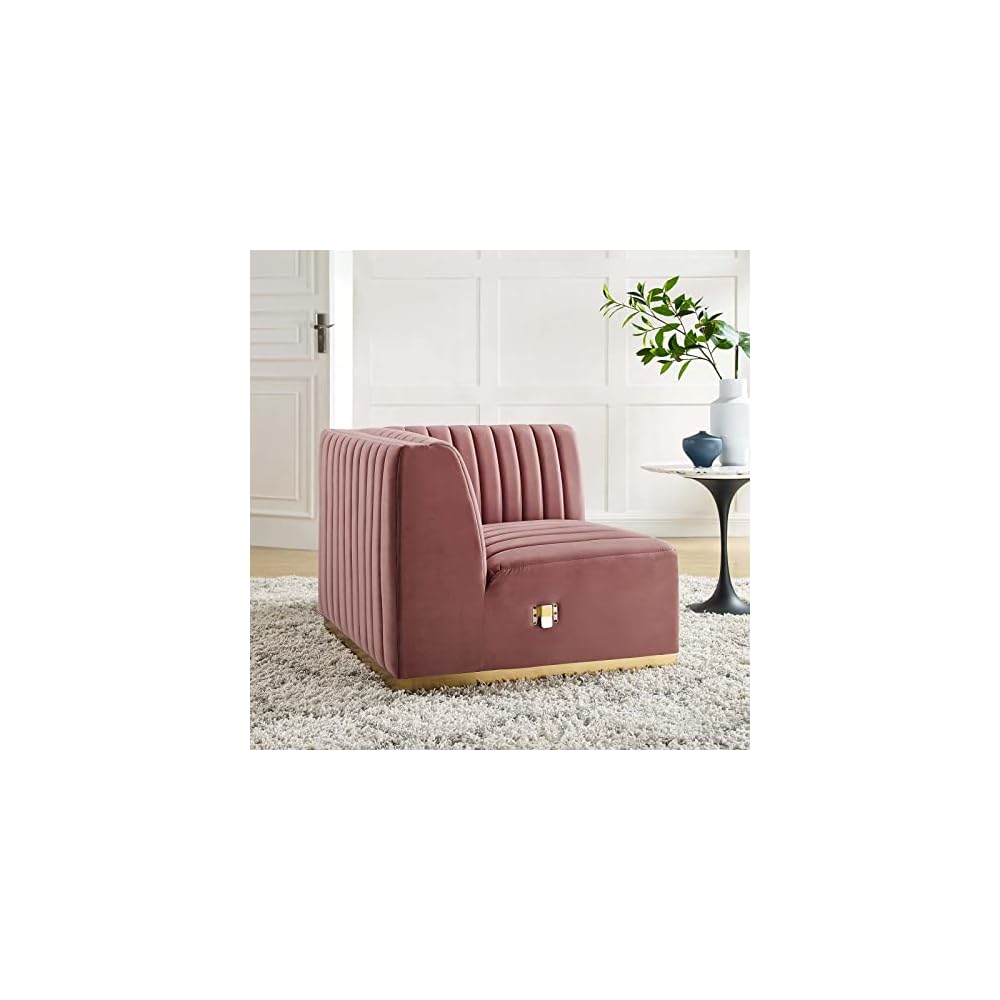 Modway Conjure Channel Tufted Upholstered Performance Velvet Sectional Sofa Left Corner Chair in Black Cognac