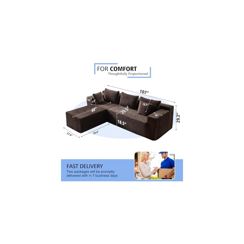 107-Inch Boneless Modular Sectional Sofa, L-Shaped Cloud Couch with Deep Seats and High Backrest, Corduroy Memory Foam Sectional, No Assembly Required for Living Room or Apartment, Brown