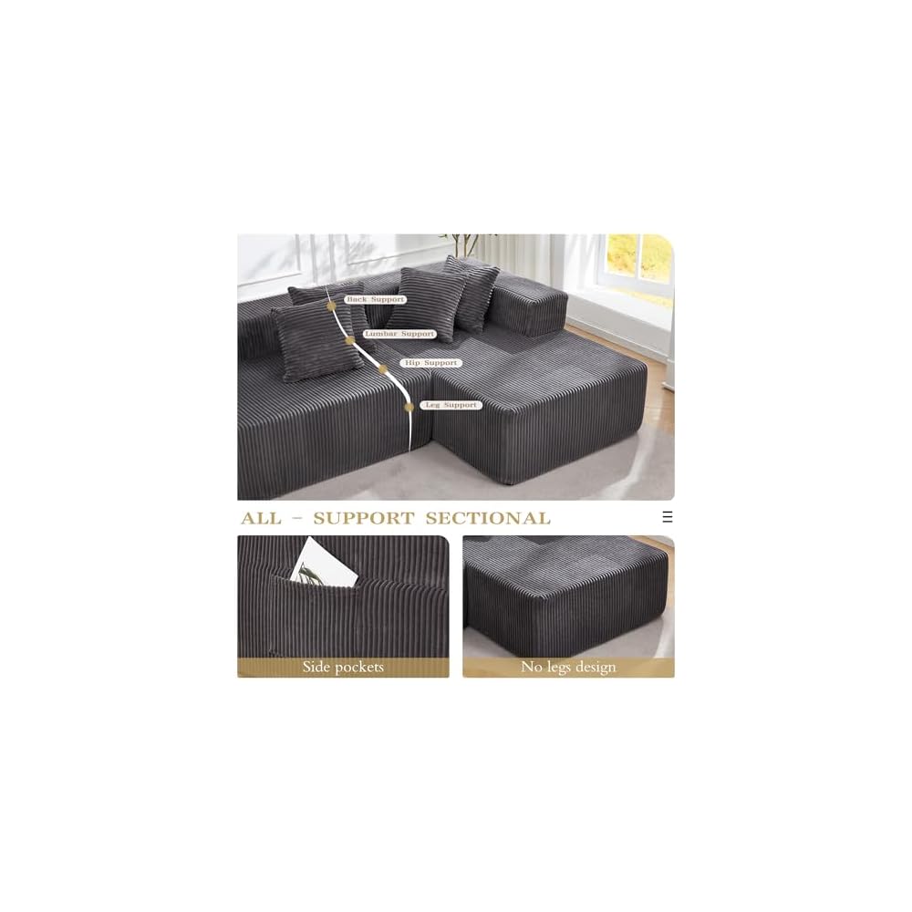 131" Cloud Sectional Modular Sofa, Boneless Couch for Living Room, Gray