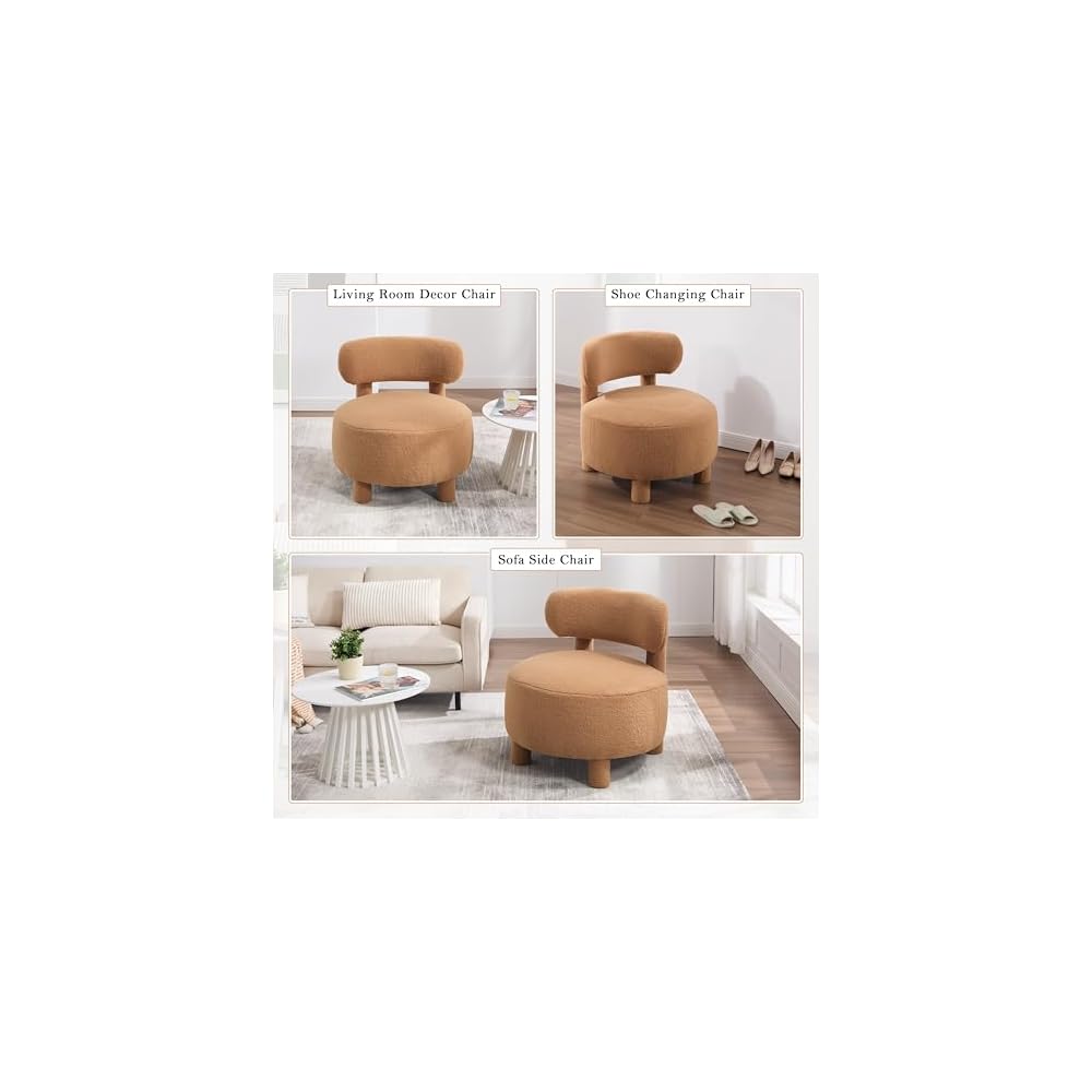 Teddy Fabric armless Accent Chair with Curved backrest and Solid Wooden Legs upholstered Chair Slipper Side Chair for Primary Living Space Bedroom Vanity Room or Reading Room