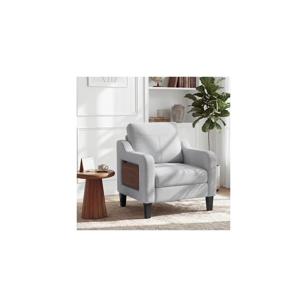Accent Chair for Living Room, Mid-Century Upholstered Armchair with Foldable Table & 2 Side Pockets, Modern Linen Wooden Sofa Chair for Bedroom & Reading Room, Blue