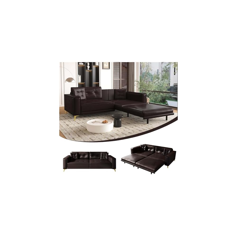 3-in-1 Dark Brown Faux Leather Pull Out Sleeper Sofa Bed Couch with Ultra Wide Armrests, 92.1" King Size Pullout Tufted Sofa Bed, 4 Seater Convertible Couch for Living Room