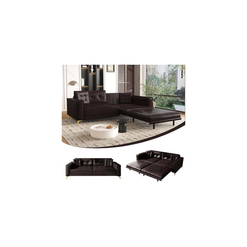 3-in-1 Dark Brown Faux Leather Pull Out Sleeper Sofa Bed Couch with Ultra Wide Armrests, 92.1" King Size Pullout Tufted Sofa Bed, 4 Seater Convertible Couch for Living Room