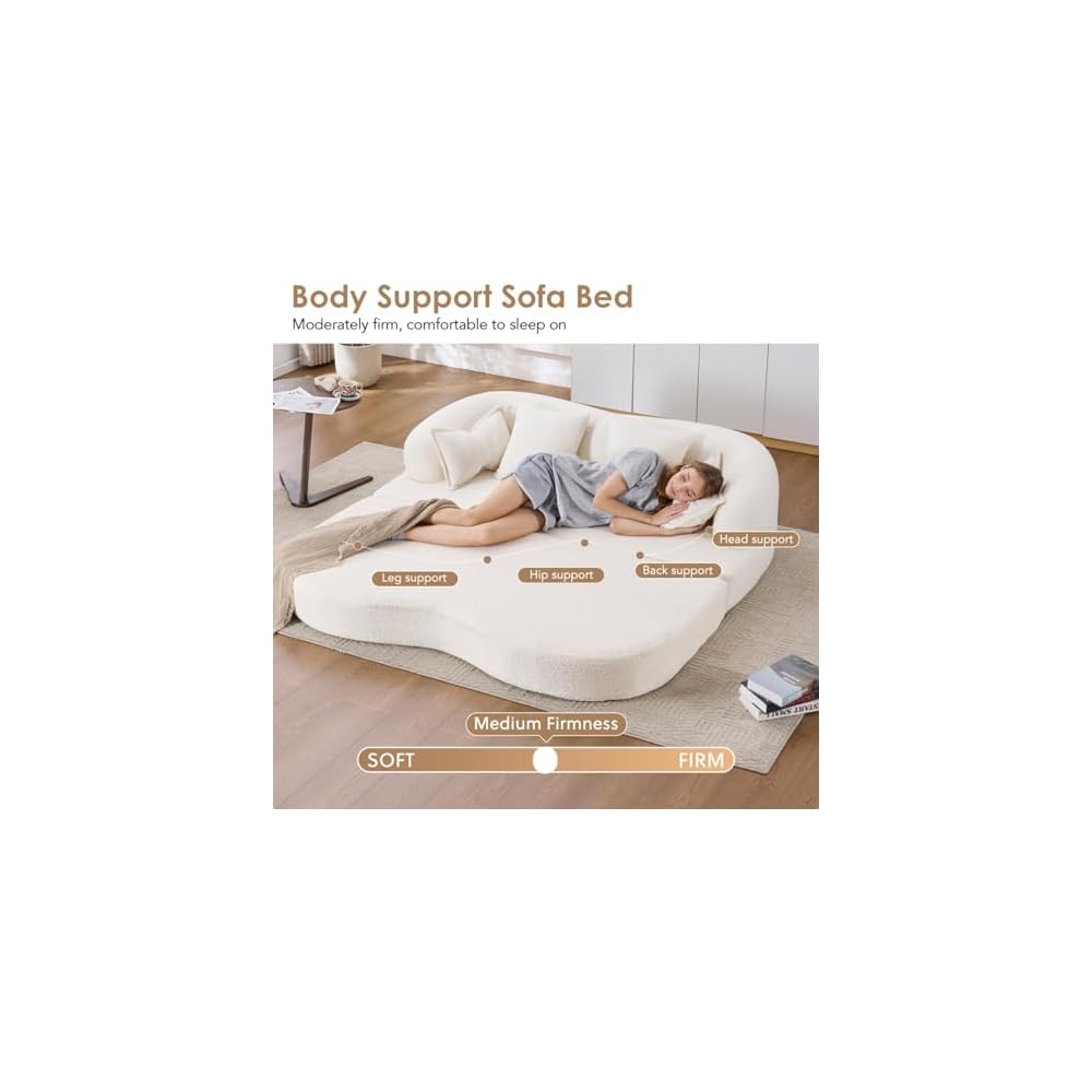 2-in-1 Chenille Convertible Love Seat Sleeper Sofa, 70'' Folding Compressed Sofa Bed with 4 Pillows, Modern Boneless Curved Couch for Living Room, Apartment, No Assembly, White