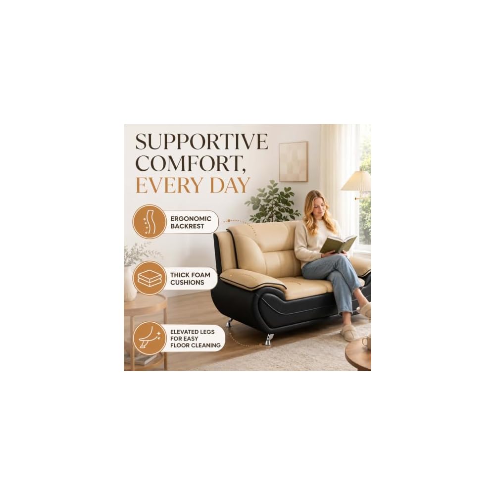 Faux Leather Loveseat Couch, Camel 2 Seater Sofa for Small Spaces (Camel)