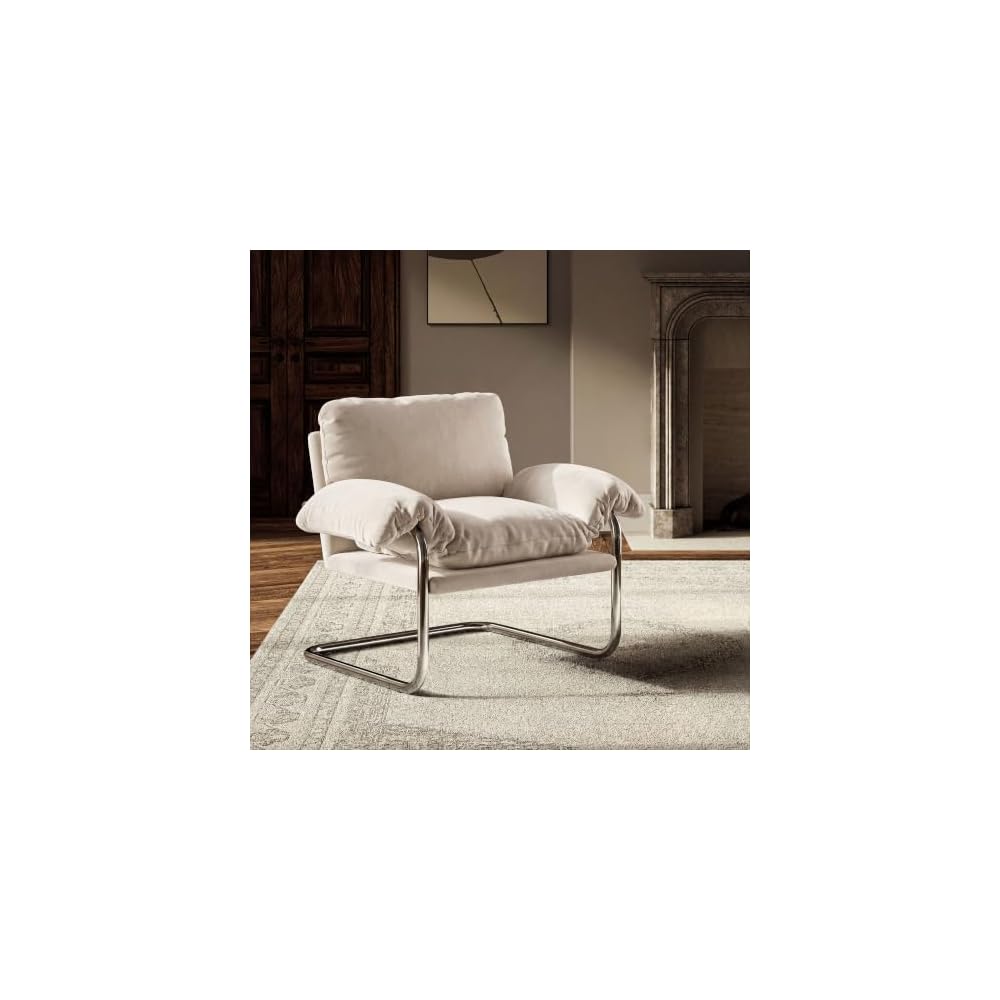 Modway Ansel Performance Velvet Accent Chair in Alabaster - Stain-Resistant Velvet Lounge Chair for Living Room, Bedroom - Corner Reading Chair with Arms and Removable Cushions