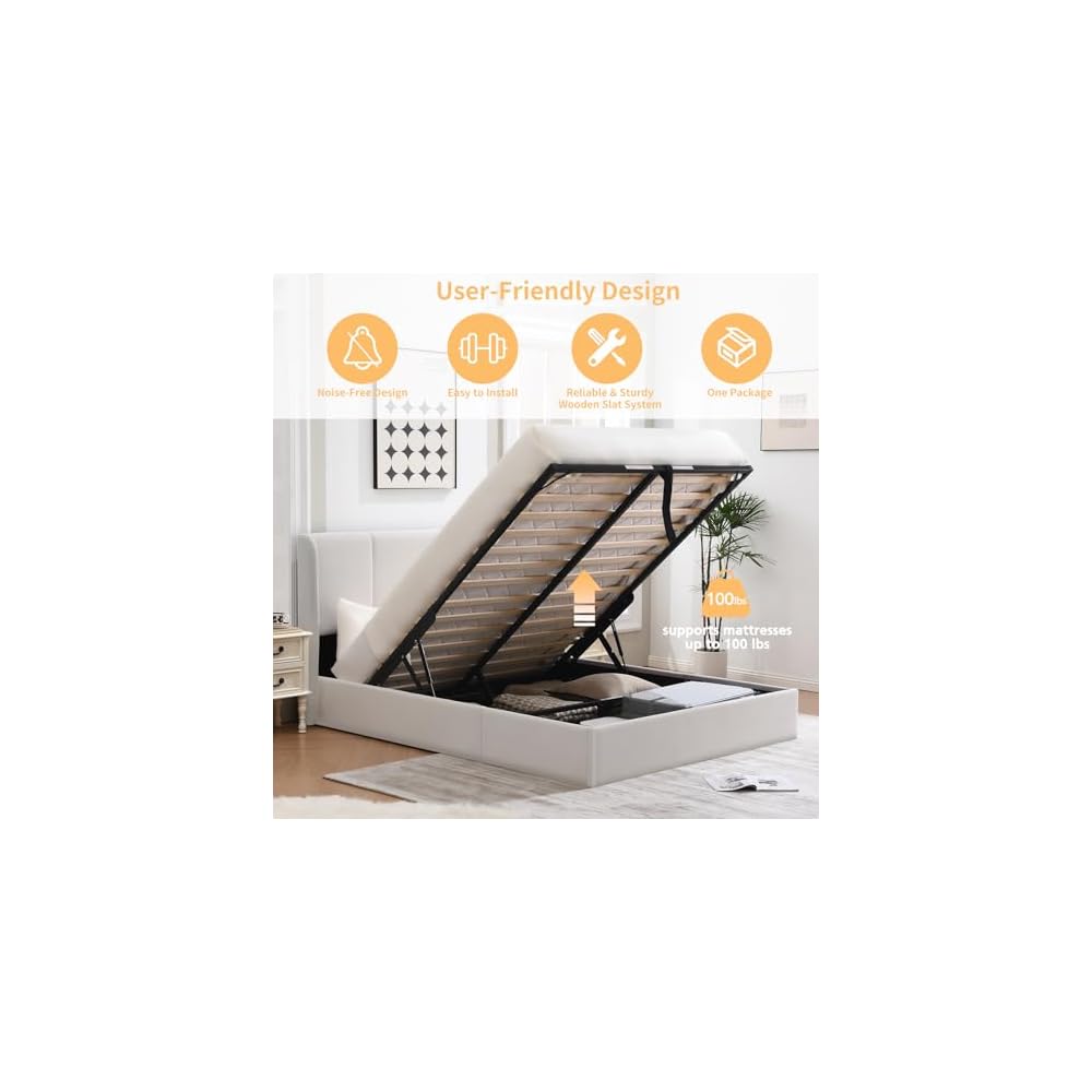VELOCAVA Queen Lift Up Storage Bed Frame, Velvet-Look Upholstered Bed with Modern Wingback Headboard, Gas Lift Storage, Wood Slat Support, No Box Spring Needed, White