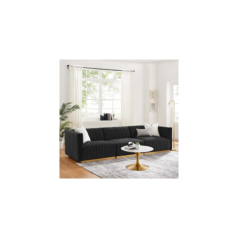 Modway Conjure Channel Tufted Upholstered Performance Velvet Sectional Sofa Left Corner Chair in Black Cognac