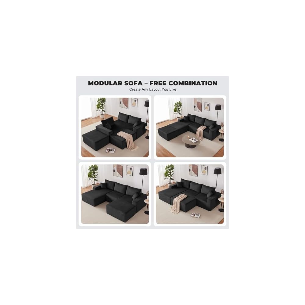 Weture 108” Modular Sectional Couches, Modern Modular U-Shape Sofa with Chaise, Cloud Sectional Couch with Deep Seat, Upholstered Boneless Sofa for Living Room (Corduroy, Black)