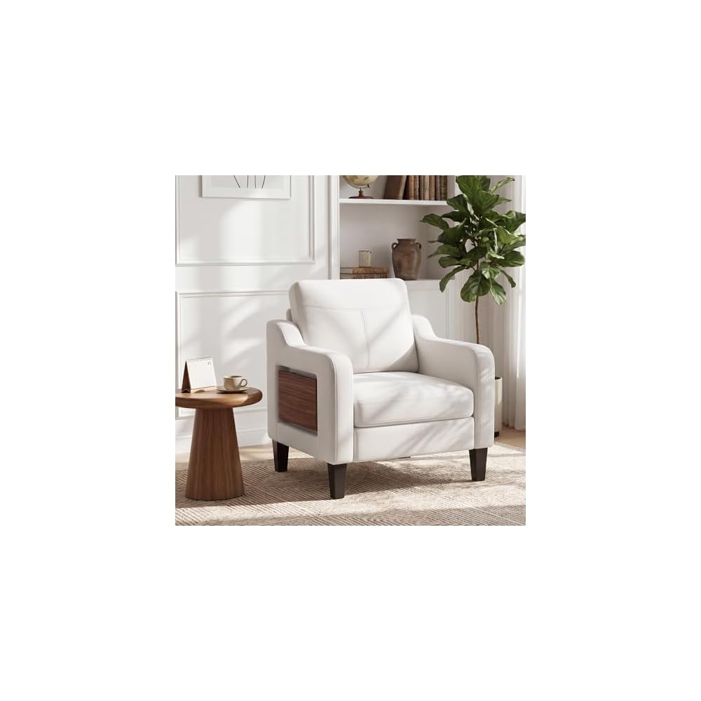 Accent Chair for Living Room, Mid-Century Upholstered Armchair with Foldable Table & 2 Side Pockets, Modern Linen Wooden Sofa Chair for Bedroom & Reading Room, Blue