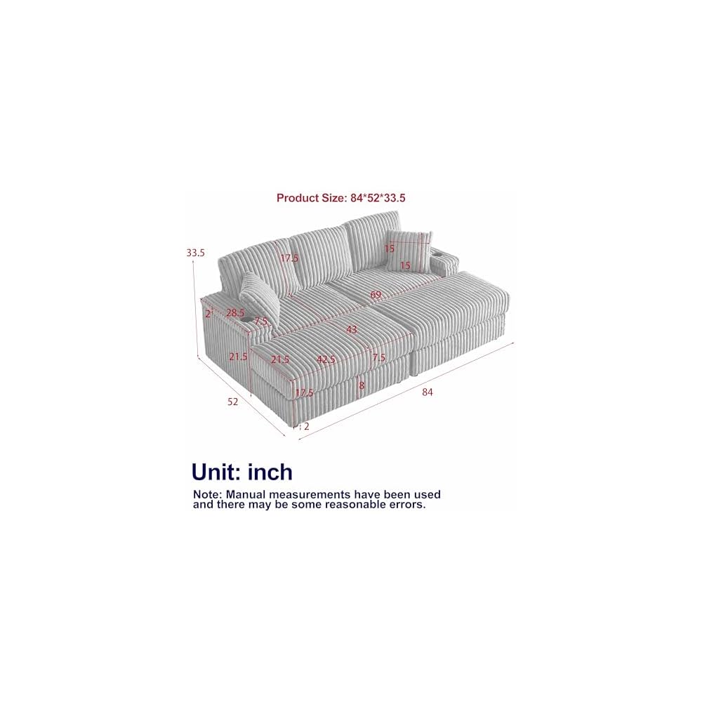 84 Inch Soft Corduroy Sofa, Boneless Couches for Living Room with Storage footstools, Couches with Spring Sponge Support and Cup Grooves for Indoor Leisure Spaces, Grey