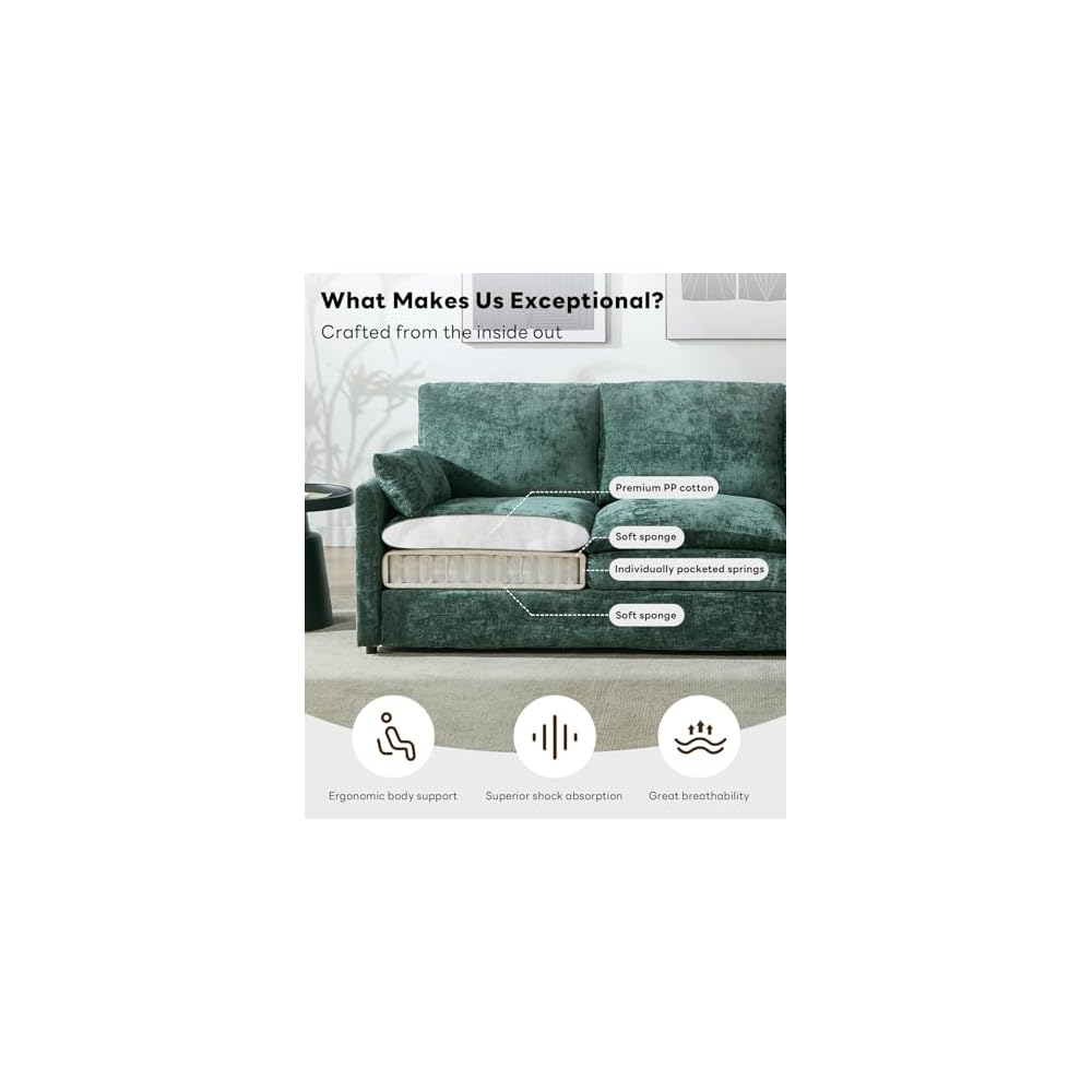 Iroomy Cloud Couch, 83.5" W Modern Sofa, Chenille Covers, Green