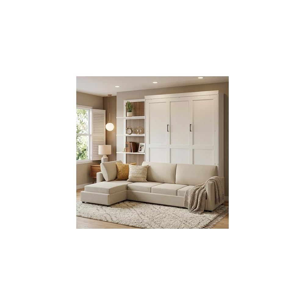 Harper & Bright Designs Queen Murphy Bed with Sofa and Shelves, White