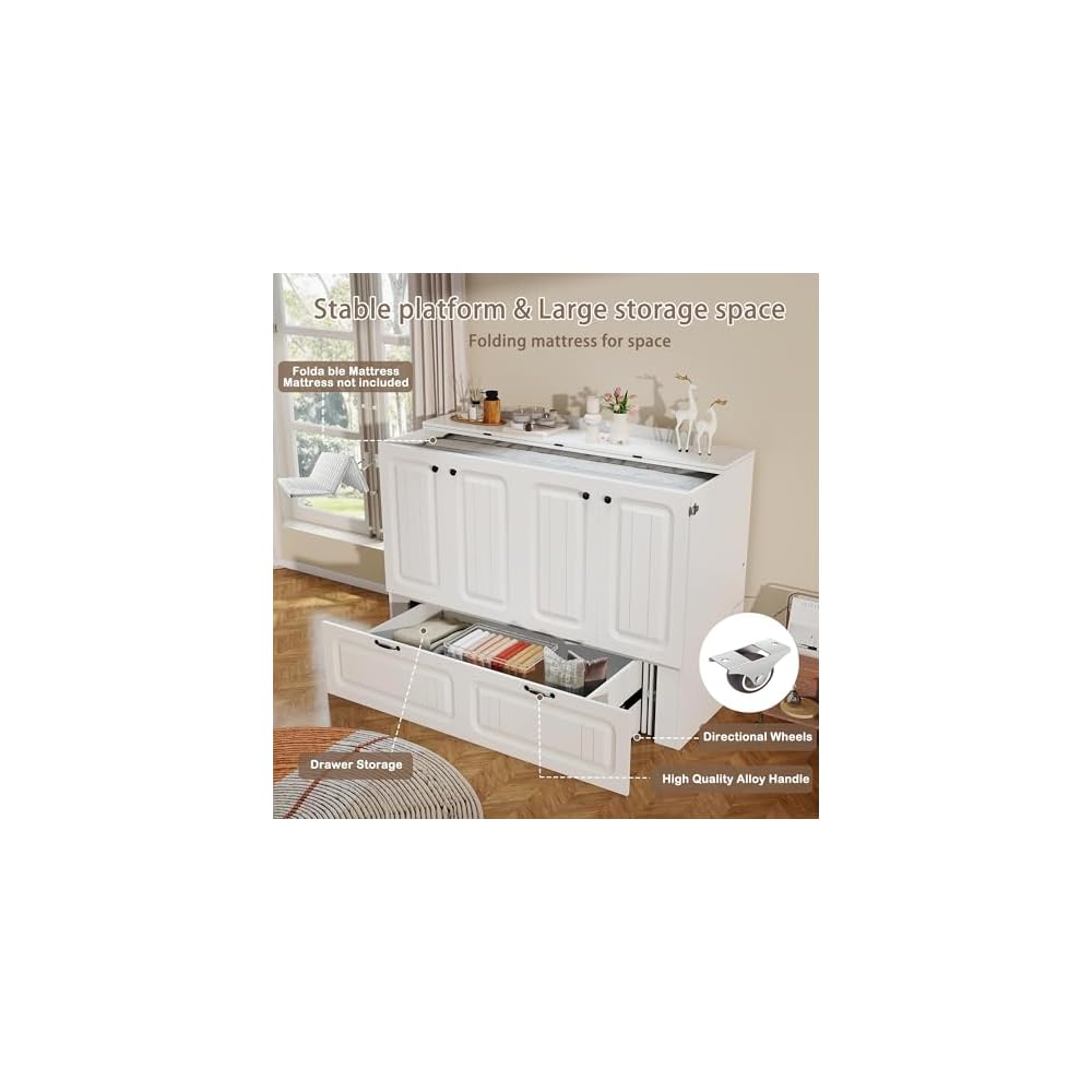 White Murphy Bed Cabinet Full, Space Saving Hideaway Bed