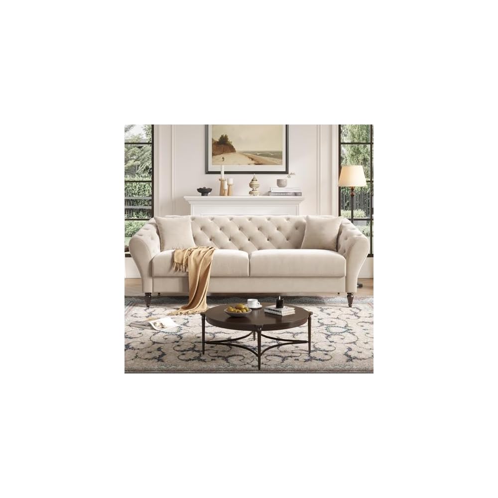 COPIAE 82 Inch Chesterfield loveseat Sofa,Tuxedo Arms Modern Couch Sturdy and Easy Installation, Small Sofa for Living Room Bedroom Office and Apartment,Velvet Fabric Beige