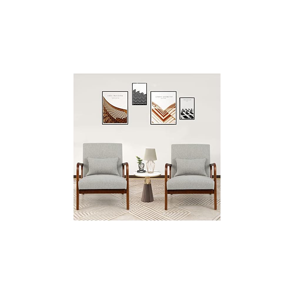 Mid Century Modern Accent Chair, Upholstered Lounge Armchair with Wood Frame & Lumbar Pillow, Comfy Reading Chair for Living Room, Bedroom, Office (1, Grey)