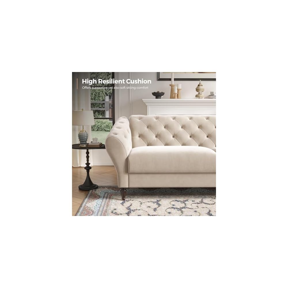 COPIAE 82 Inch Chesterfield loveseat Sofa,Tuxedo Arms Modern Couch Sturdy and Easy Installation, Small Sofa for Living Room Bedroom Office and Apartment,Velvet Fabric Beige