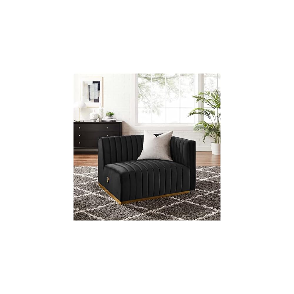 Modway Conjure Channel Tufted Upholstered Performance Velvet Sectional Sofa Left Corner Chair in Black Cognac