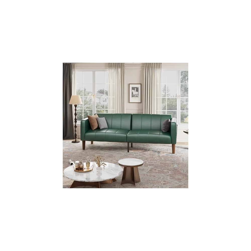 GarveeHome Futon Sofa Bed, 75-Inch Modern Faux Leather Convertible Couch, Mid-Century Loveseat for Small Space, Living Room, Bedroom, Green