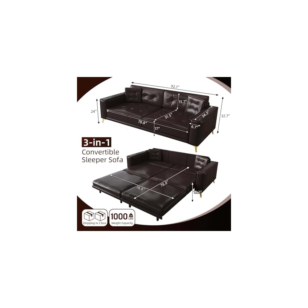 3-in-1 Dark Brown Faux Leather Pull Out Sleeper Sofa Bed Couch with Ultra Wide Armrests, 92.1" King Size Pullout Tufted Sofa Bed, 4 Seater Convertible Couch for Living Room