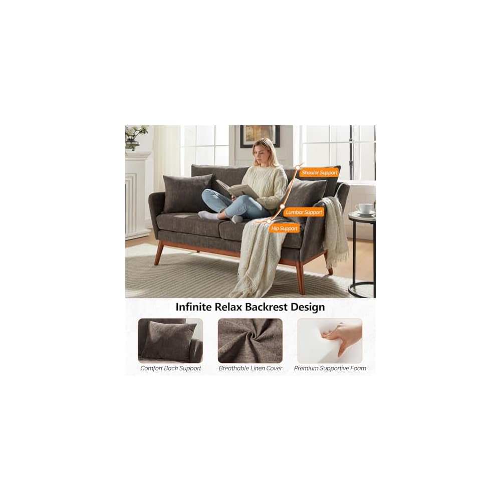 VINGLI 63.5" W Mid Century Small Love Seat Couch with Soild Wood Frame, 2 Seater Comfy Linen Fabric Loveseat Sofa, Small Couch with Two Pillows for Bedroom, Living Room, Small Spaces, Brown
