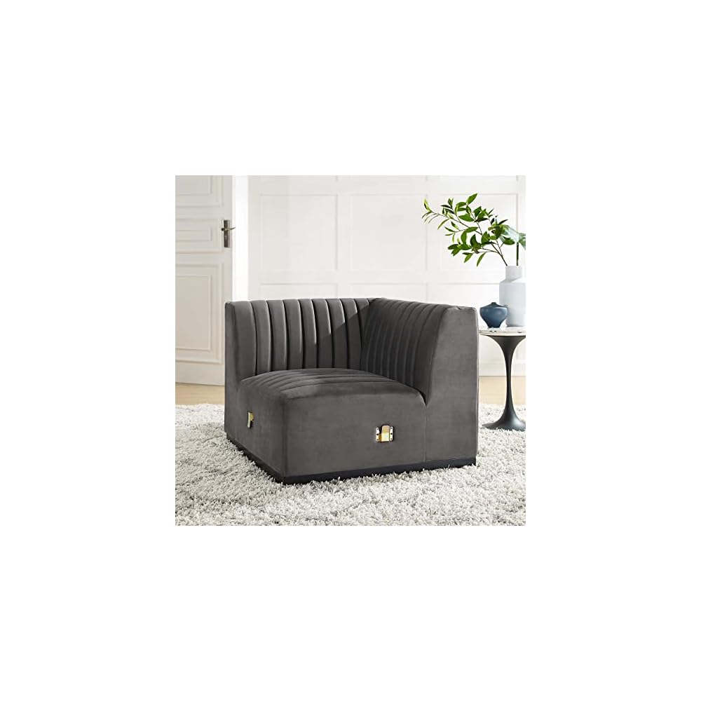Modway Conjure Channel Tufted Upholstered Performance Velvet Sectional Sofa Left Corner Chair in Black Cognac