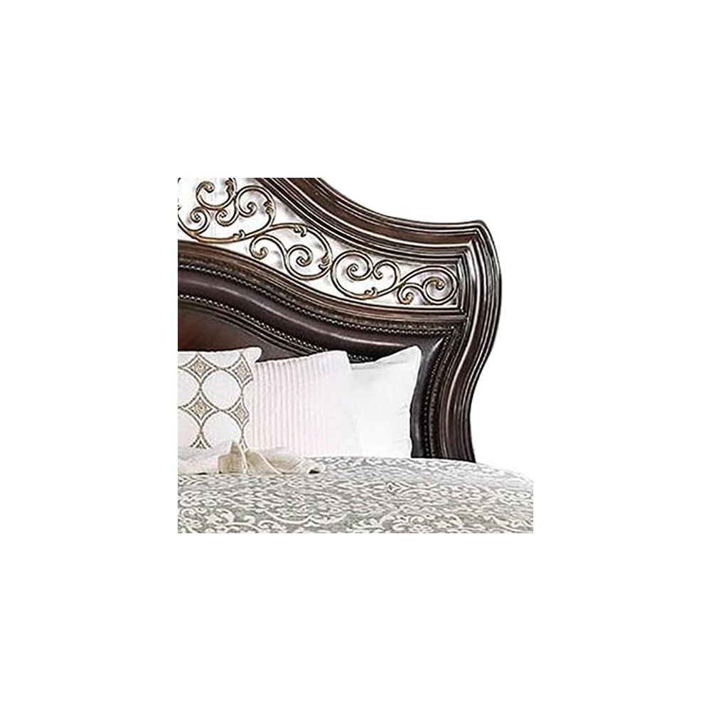 Benjara California King Wooden Bed with Intricate Carved Headboard