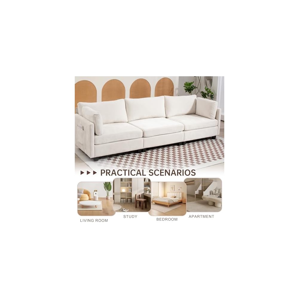 111" Sofas for Living Room, 3 Seater Couch with 2 Pillows, Modern Comfy Chenille Couches with Storage Bag, Deep Seat Sofa for Apartment Small Space, Beige