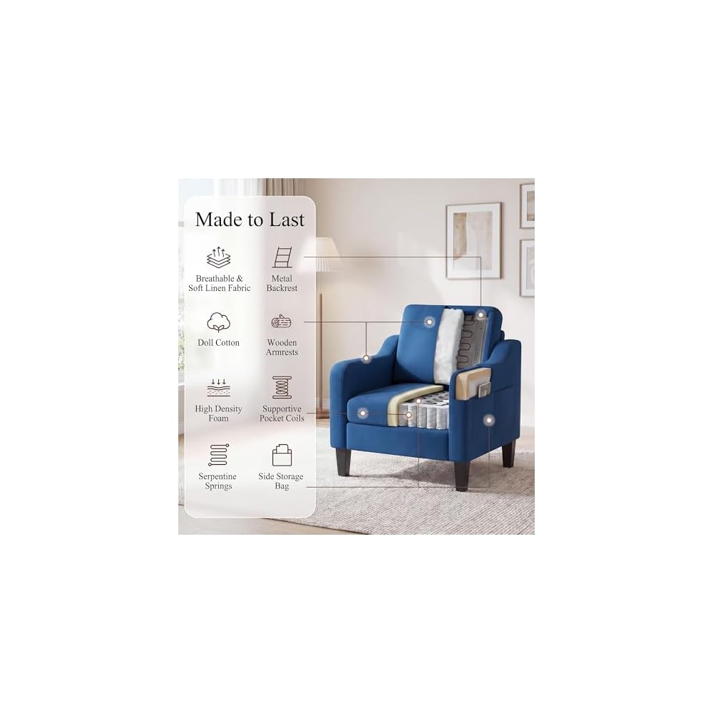 Accent Chair for Living Room, Mid-Century Upholstered Armchair with Foldable Table & 2 Side Pockets, Modern Linen Wooden Sofa Chair for Bedroom & Reading Room, Blue