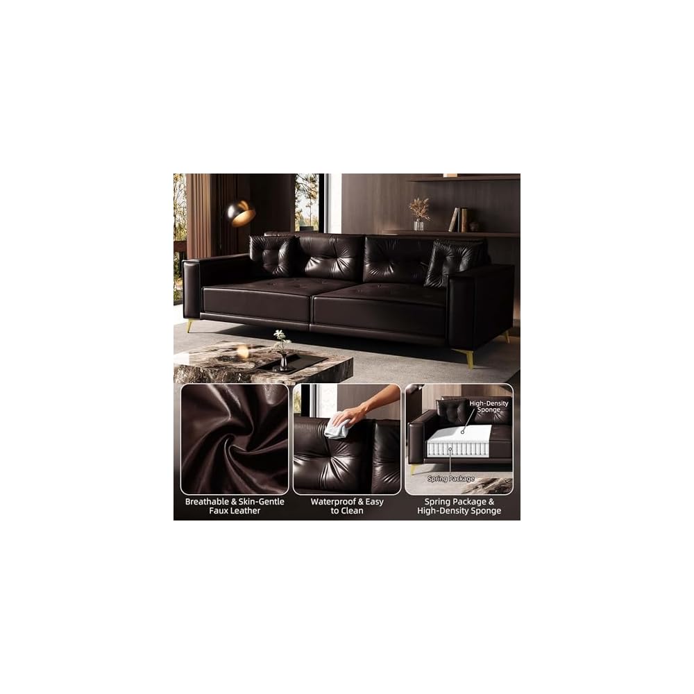 3-in-1 Dark Brown Faux Leather Pull Out Sleeper Sofa Bed Couch with Ultra Wide Armrests, 92.1" King Size Pullout Tufted Sofa Bed, 4 Seater Convertible Couch for Living Room