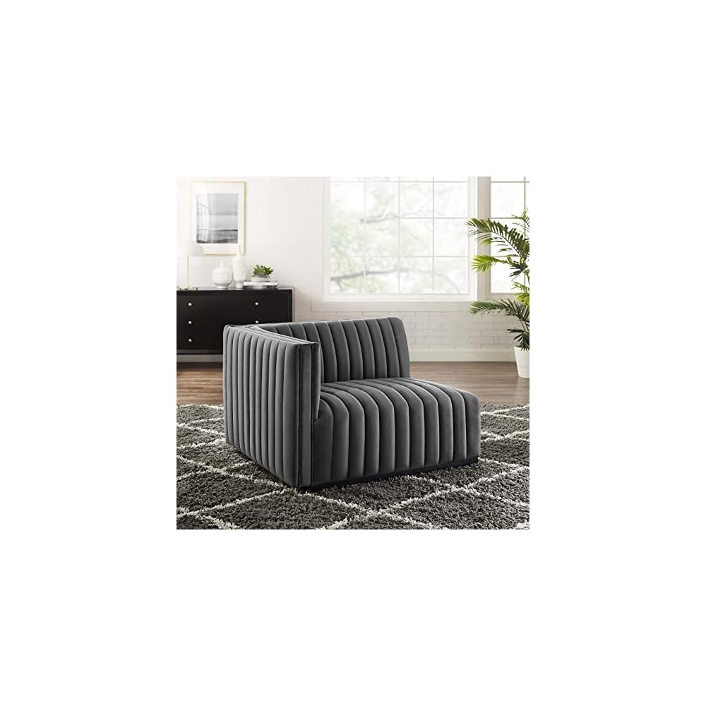 Modway Conjure Channel Tufted Upholstered Performance Velvet Sectional Sofa Left Corner Chair in Black Cognac