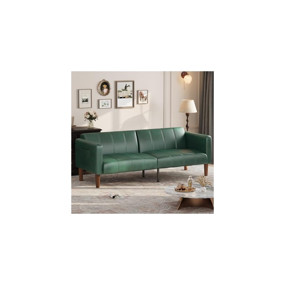 GarveeHome Futon Sofa Bed, 75-Inch Modern Faux Leather Convertible Couch, Mid-Century Loveseat for Small Space, Living Room, Bedroom, Green