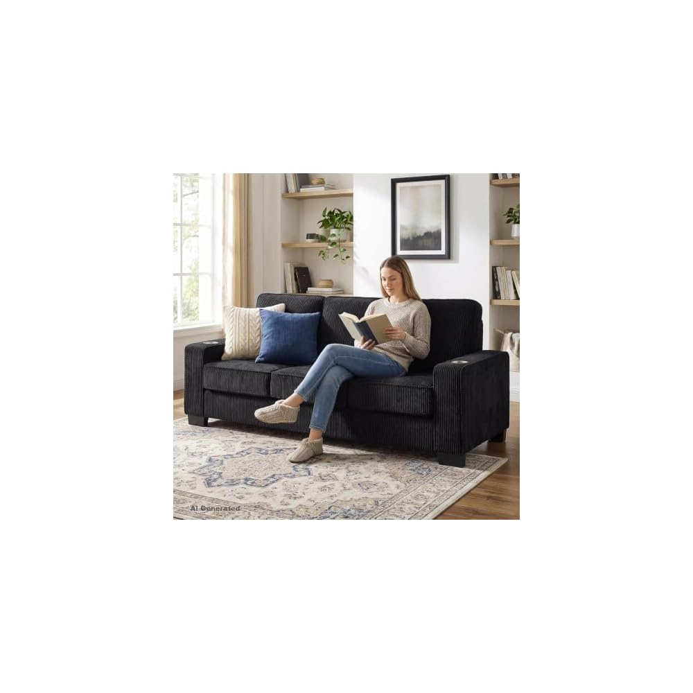 GRAVFORCE 84" Corduroy Sofa, Black 3 Seater Couch with Cup Holders