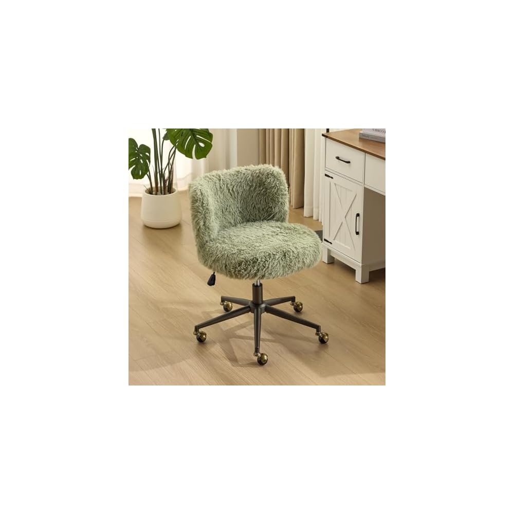 VINGLI Plush Upholstery Vanity Desk Chair with Curved Back & 90-102° Tilt &Adjustable Height, Cute Rolling Chair with Bronze Base & Golden-Bronze 360° Swivel Wheels for Makeup &Home Office,Grass Green
