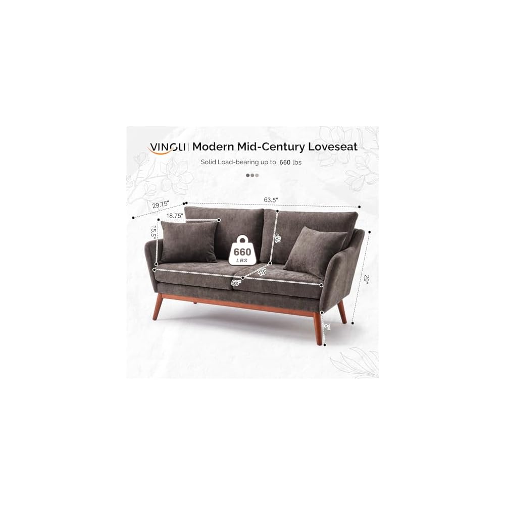 VINGLI 63.5" W Mid Century Small Love Seat Couch with Soild Wood Frame, 2 Seater Comfy Linen Fabric Loveseat Sofa, Small Couch with Two Pillows for Bedroom, Living Room, Small Spaces, Brown