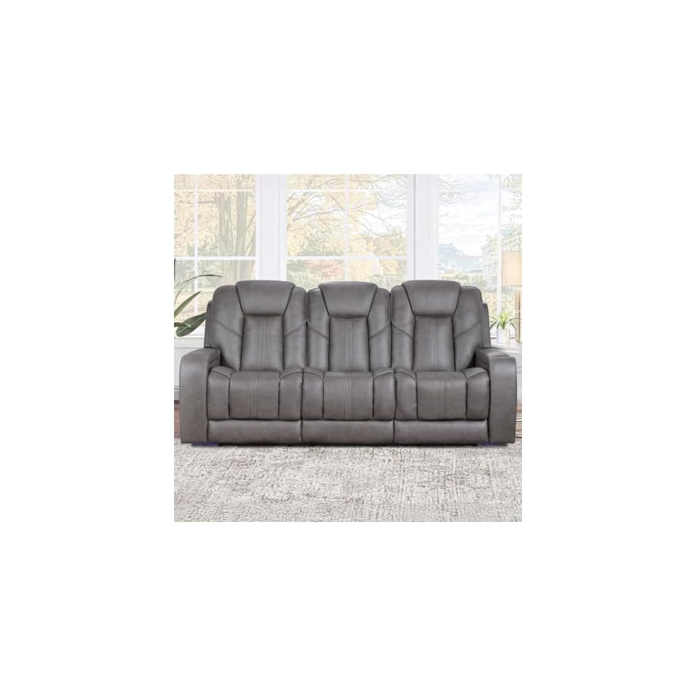 Steve Silver Daniel Triple Power Leather Theater Sofa in Gray