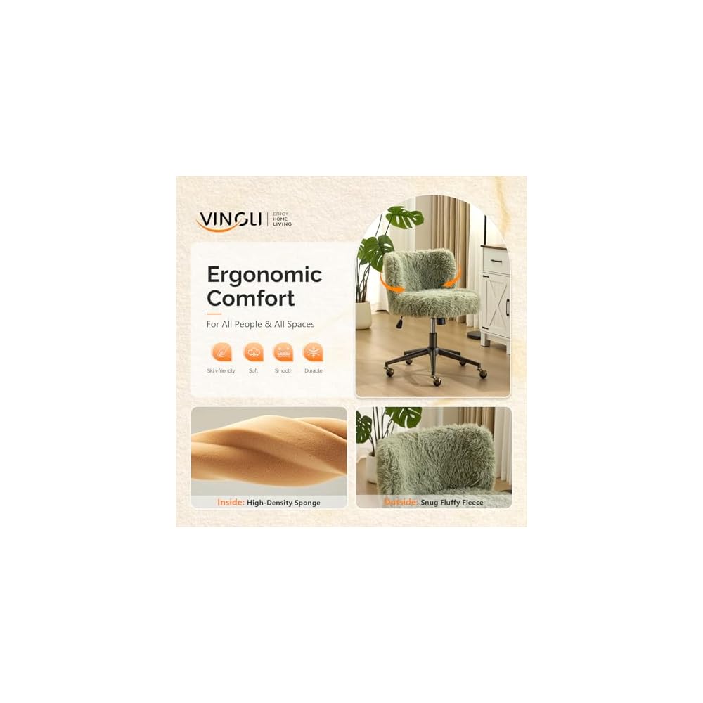 VINGLI Plush Upholstery Vanity Desk Chair with Curved Back & 90-102° Tilt &Adjustable Height, Cute Rolling Chair with Bronze Base & Golden-Bronze 360° Swivel Wheels for Makeup &Home Office,Grass Green
