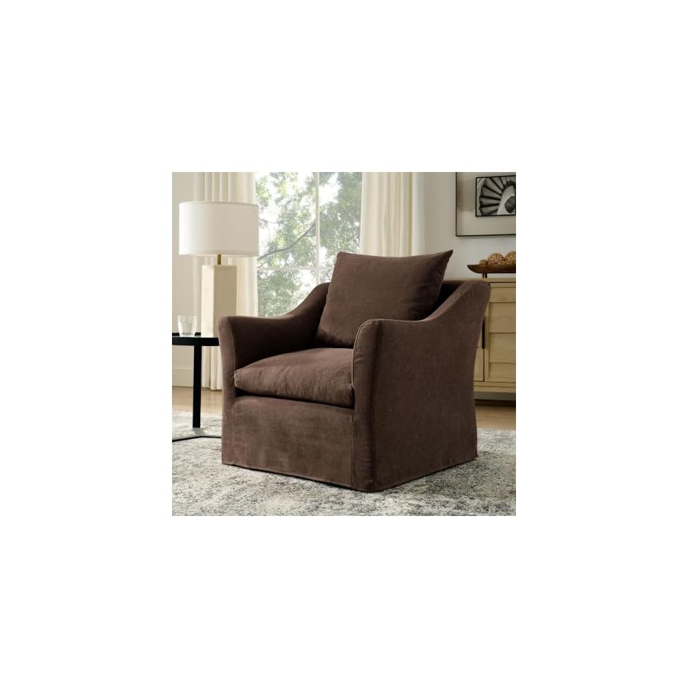 Modway Somerset Modern Slipcovered Linen Blend Accent Chair in Cocoa – Deep Seat Upholstered Armchair with Sloped Arms – Contemporary Fabric Living Room Chair