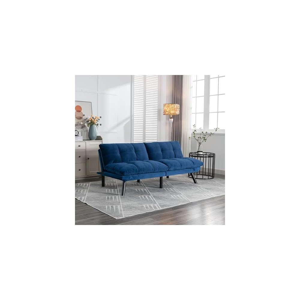 Modern Leather Convertible Folding Futon Couch Sofa Bed with Adjustable Armrest and Backrest, Couch Double Loveseat Sofa for Compact Living Space,Dorm,Game Studio,Apartment,Bedroom (Navy Blue)