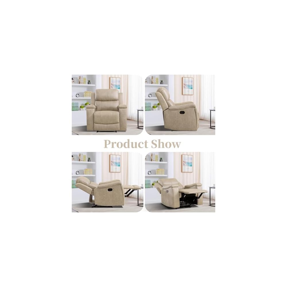 EBELLO Recliner Chair, Single Overstuffed Sofa Recliner, Breathable Faux Leather Manual Reclining Chairs with Hidden Cup Holder, Arm and Back for Adults, Living Room, Bedroom, Beige