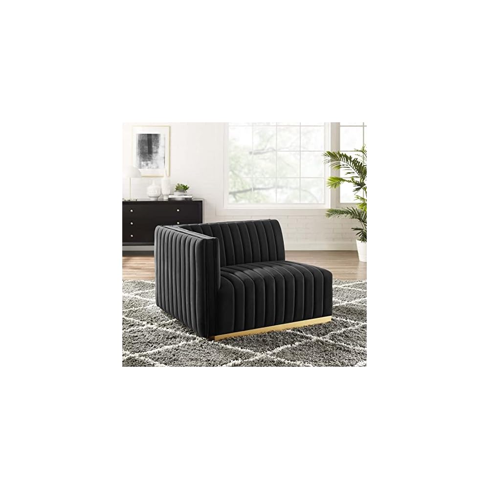 Modway Conjure Channel Tufted Upholstered Performance Velvet Sectional Sofa Left Corner Chair in Black Cognac