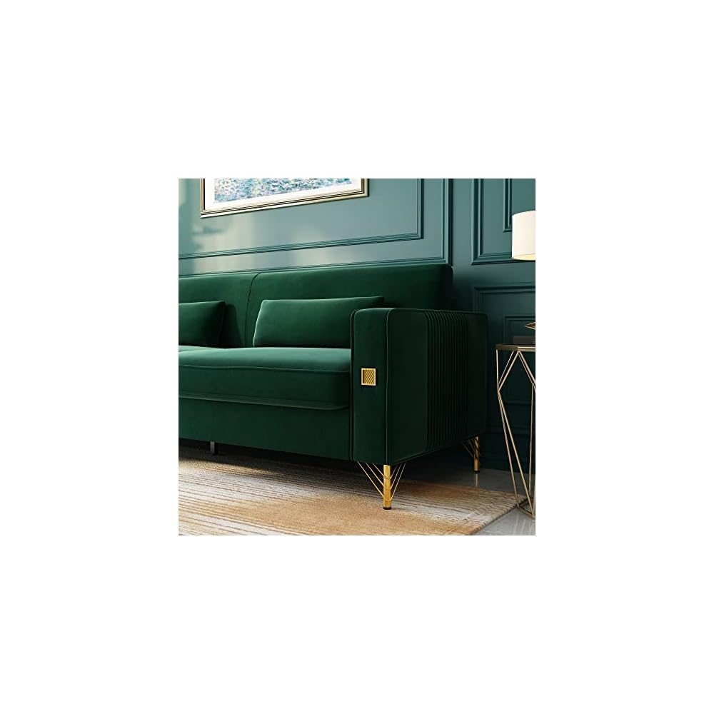 Green 85'' Velvet Sofa, Mid-Century Modern 3-Seat Couch with 2 Pillows & Gold Legs for Living Room Apartment Large Space