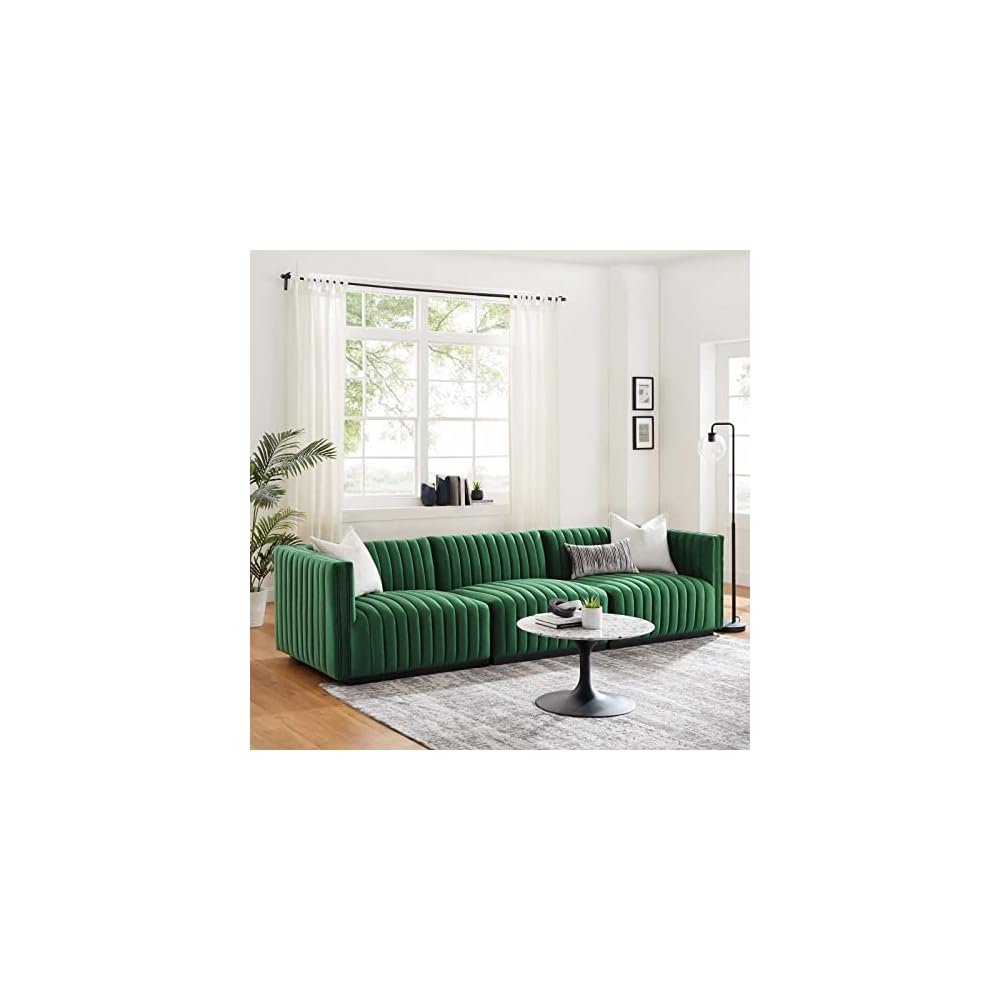 Modway Conjure Channel Tufted Upholstered Performance Velvet Sectional Sofa Left Corner Chair in Black Cognac