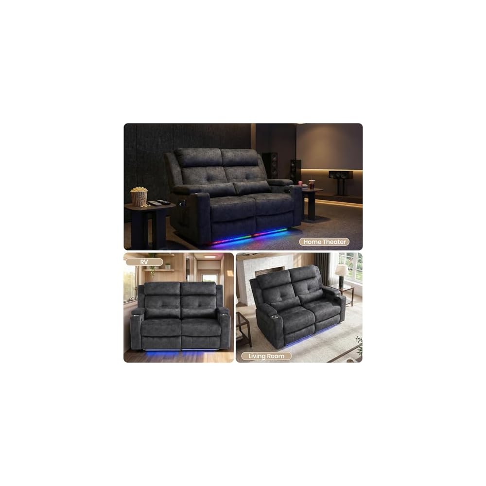 Power Reclining Loveseat Sofa, Velvet Loveseat Recliner Sofa Couch with LED Light/Hidden Storage,RV Wall Hugger Double Recliner for Living Room (Gray No Conlole)