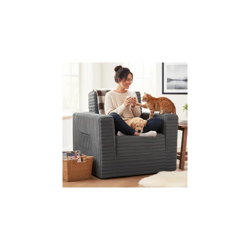 Welnow Folding Sofa Bed with Ottoman,2-in-1 Boneless Sofa Chair,Dark Grey