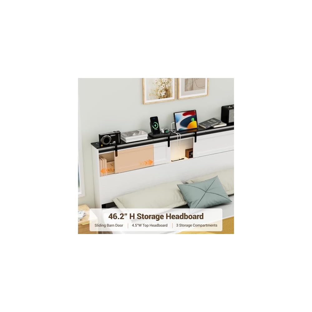 DNYN Farmhouse Platform Bed Frame with Storage Headboard and Dual USB Ports