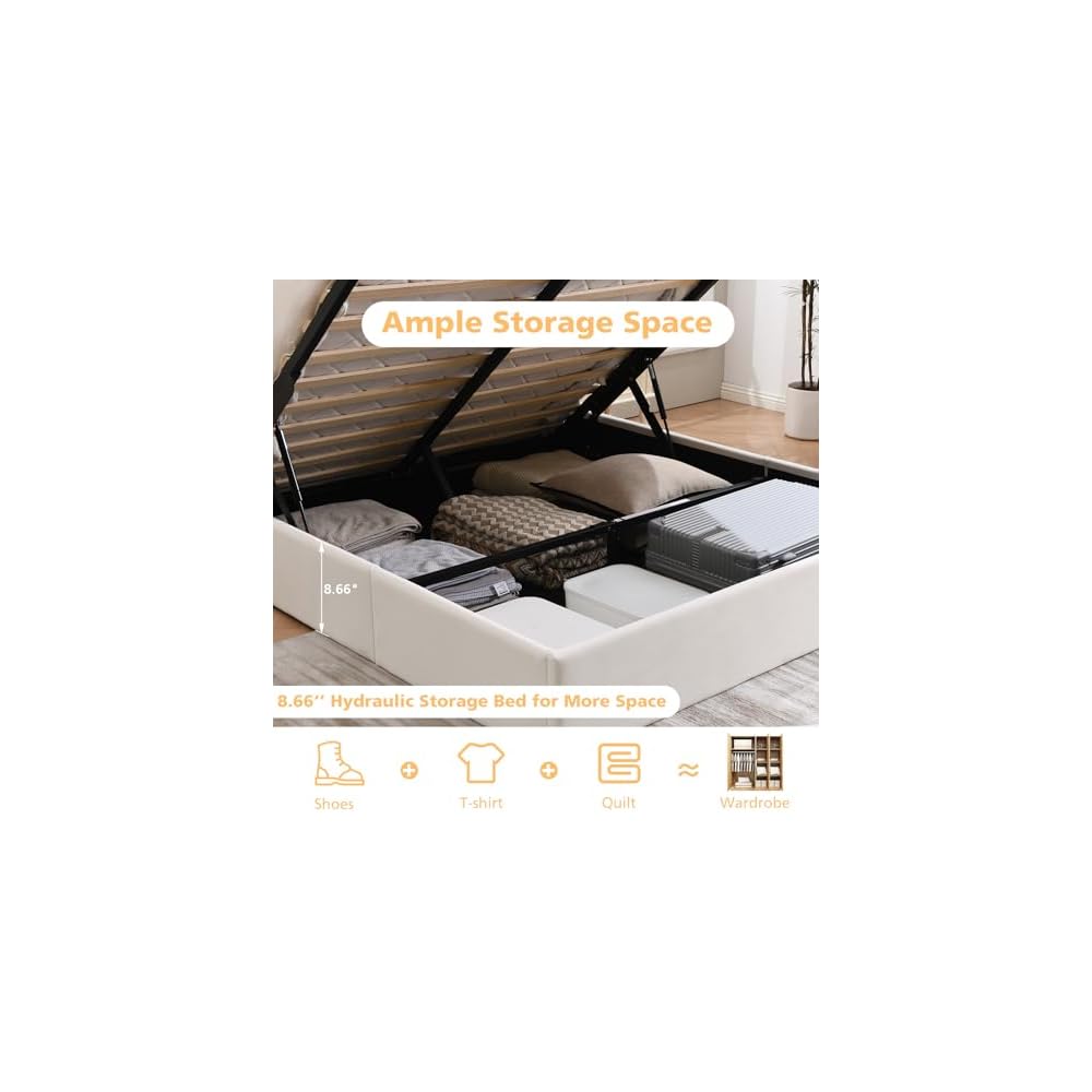VELOCAVA Queen Lift Up Storage Bed Frame, Velvet-Look Upholstered Bed with Modern Wingback Headboard, Gas Lift Storage, Wood Slat Support, No Box Spring Needed, White
