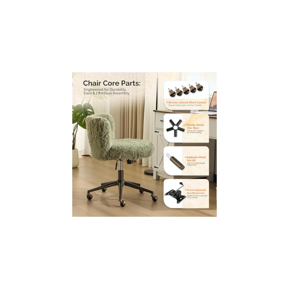 VINGLI Plush Upholstery Vanity Desk Chair with Curved Back & 90-102° Tilt &Adjustable Height, Cute Rolling Chair with Bronze Base & Golden-Bronze 360° Swivel Wheels for Makeup &Home Office,Grass Green
